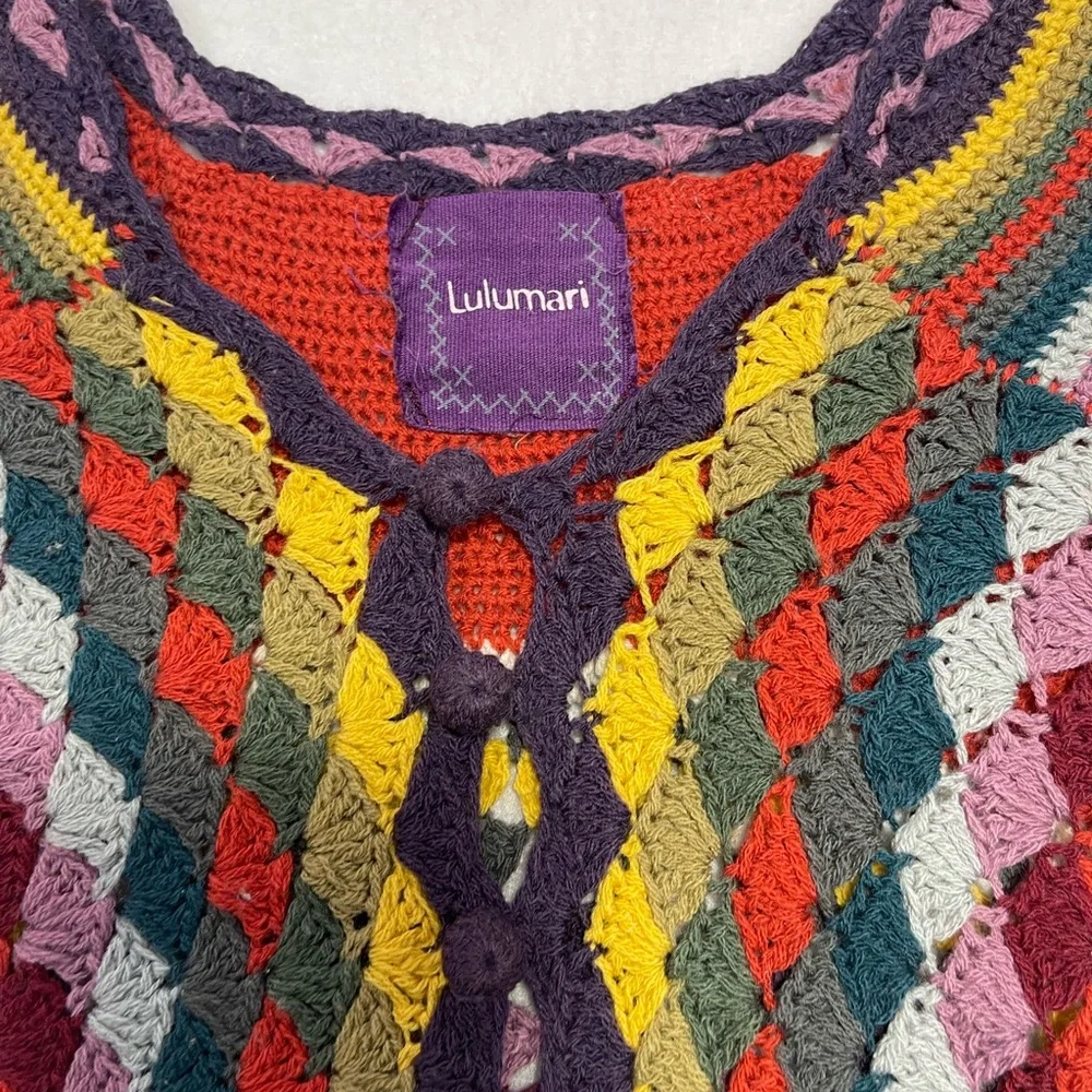 Lulumari Multicolor Crochet Vest Boho Festival Open Knit Tunic Hippie Small - Picture 2 of 5